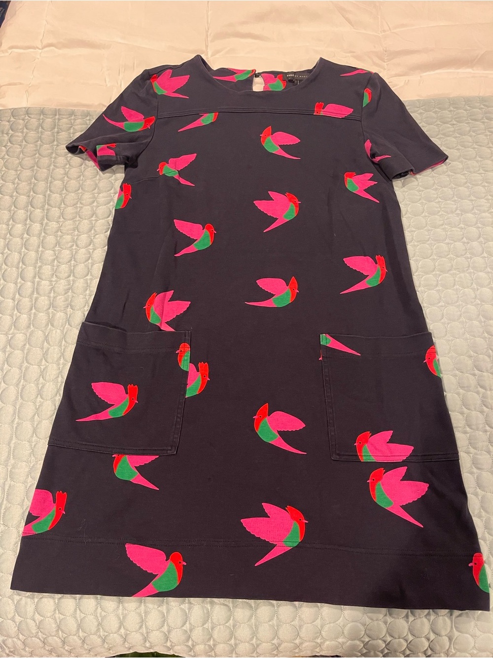 Marc by Marc Jacobs Navy Short Sleeve Mini Dress Pink Green Birds Sz XS Pockets